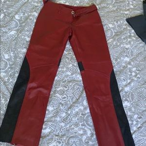 Red leather moto pants